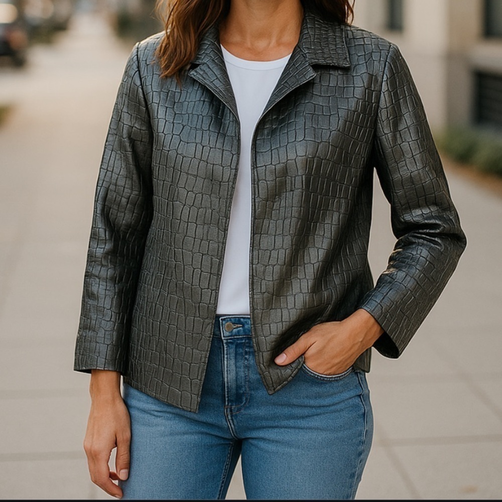 Chicos gray collared open front print blazer 1